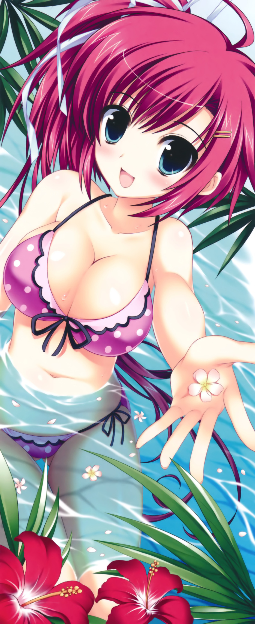 :d absurdres ahoge ariko_youichi bikini blue_eyes blush breasts cleavage female flower front-tie_top hair_ornament hair_ribbon hairclip hibiscus highres large_breasts midriff nakahara_akane navel open_mouth outstretched_hand pink_bikini pink_hair polka_dot polka_dot_bikini ribbon side-tie_bikini_bottom side_ponytail smile solo stick_poster swimsuit trouble@spiral! water