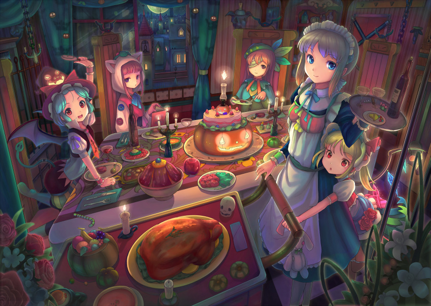 5girls :d alcohol alternate_costume alternate_hairstyle animal_ears animal_hood apple arm_support arm_up bad_id bad_pixiv_id banana bandage_over_one_eye bandages bat_wings beret blonde_hair blue_eyes blue_hair blunt_bangs book bottle bow bowl building buttons cabinet cake candle candy candy_cane chains cityscape corkscrew costume cup curtains demon_tail drinking_glass feathers flail flandre_scarlet fleur-de-lis flower flower_request food fork fruit full_moon grapes grey_hair halloween hat hat_bow highres holding holding_book hong_meiling hood hoodie indoors izayoi_sakuya jack-o'-lantern knife light_rays lolicon lollipop long_hair long_sleeves looking_at_viewer maid maid_headdress moon multiple_girls napkin necktie night one_eye_covered open_book open_mouth patchouli_knowledge plant plate ponytail pudding puffy_short_sleeves puffy_sleeves pumpkin red_eyes red_flower red_hair red_rose remilia_scarlet rose sanntouhei scenery serving_cart short_hair short_sleeves sidelocks skull smile stuffed_animal stuffed_rabbit stuffed_toy swirl_lollipop table tablecloth tail throne touhou tray turkey_(food) wallpaper_(object) weapon window wine wine_bottle wine_glass wings wrist_cuffs