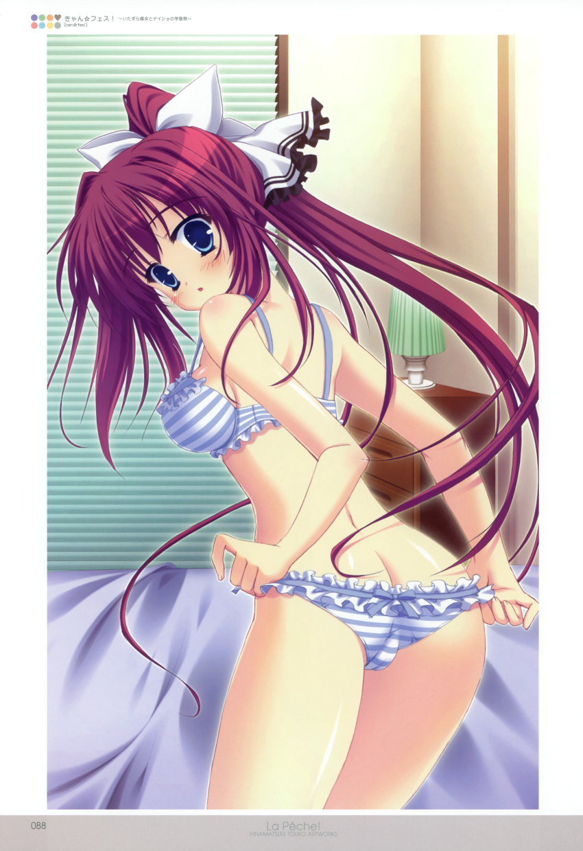 :o absurdres bed blue_bra blue_eyes blue_panties bra butt_crack can_fes drawer female highres hinamatsuri_touko lampshade looking_at_viewer panties ponytail purple_hair striped_bra striped_clothes striped_panties toyohime_minori underwear underwear_only undressing