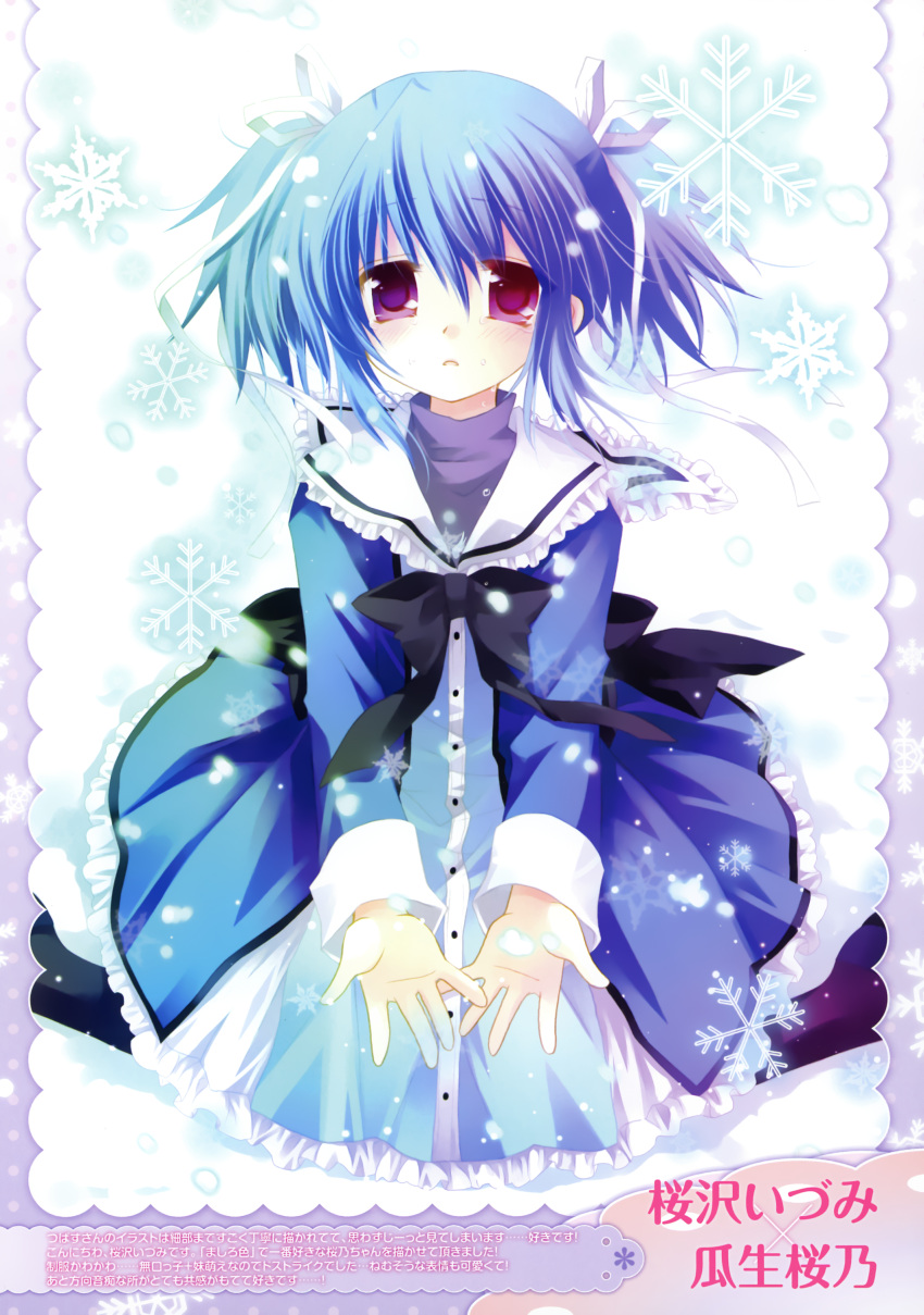 absurdres black_pantyhose blue_dress blue_hair dress female hair_ribbon highres kneeling mashiroiro_symphony pantyhose red_eyes ribbon sakurazawa_izumi school_uniform snow snowflakes snowing solo uryuu_sakuno