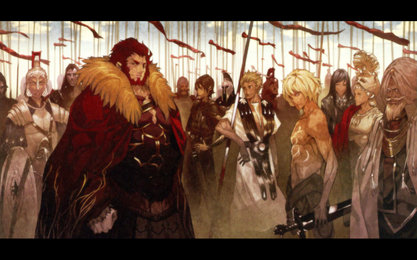 6+boys armor army beard black_hair blonde_hair cape character_request eumenes_(fate) facial_hair fate/zero fate_(series) flag helmet ionioi_hetairoi_(fate) iskandar_(fate) letterboxed long_hair male_focus morii_shizuki moustache multiple_boys polearm ptolemy_(fate) red_hair shield smile soldier spear sword tattoo topless_male turban weapon white_hair