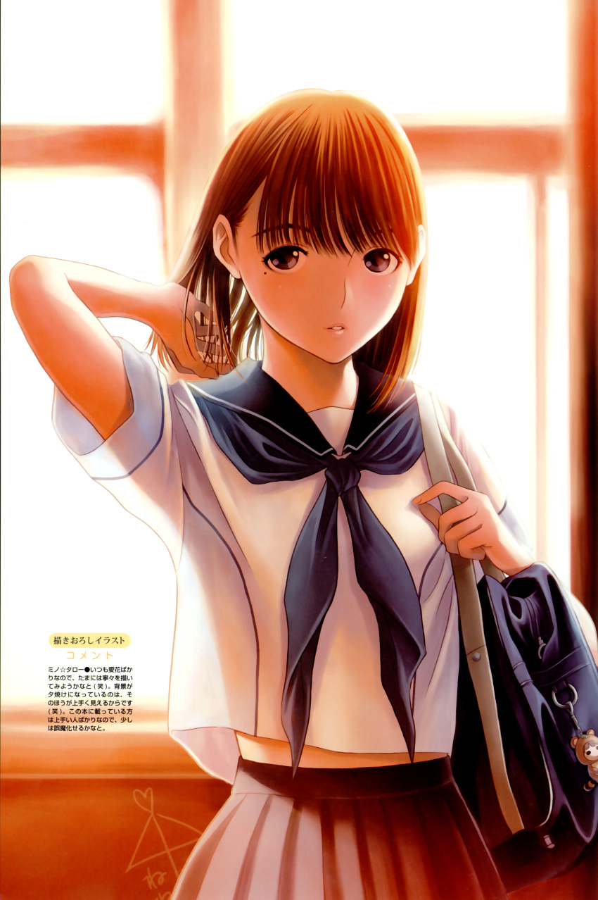 absurdres ai_ai_gasa anegasaki_nene backlighting bag brown_hair charm_(object) female highres love_plus magazine_scan megami_magazine megami_magazine_creators midriff_peek mino_tarou mole mole_under_eye non-web_source official_art parted_lips scan school_bag school_uniform serafuku short_hair skirt solo translation_request