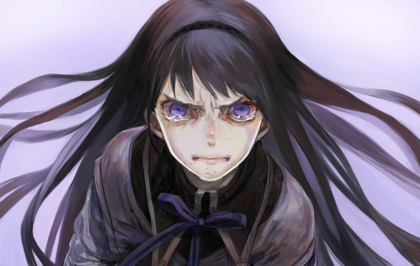 akemi_homura akemi_homura_(magical_girl) angry black_hair commentary_request female furious furrowed_brow hairband lips long_hair mahou_shoujo_madoka_magica mahou_shoujo_madoka_magica_(anime) purple_eyes ribbon ririnra solo tearing_up tears upper_body