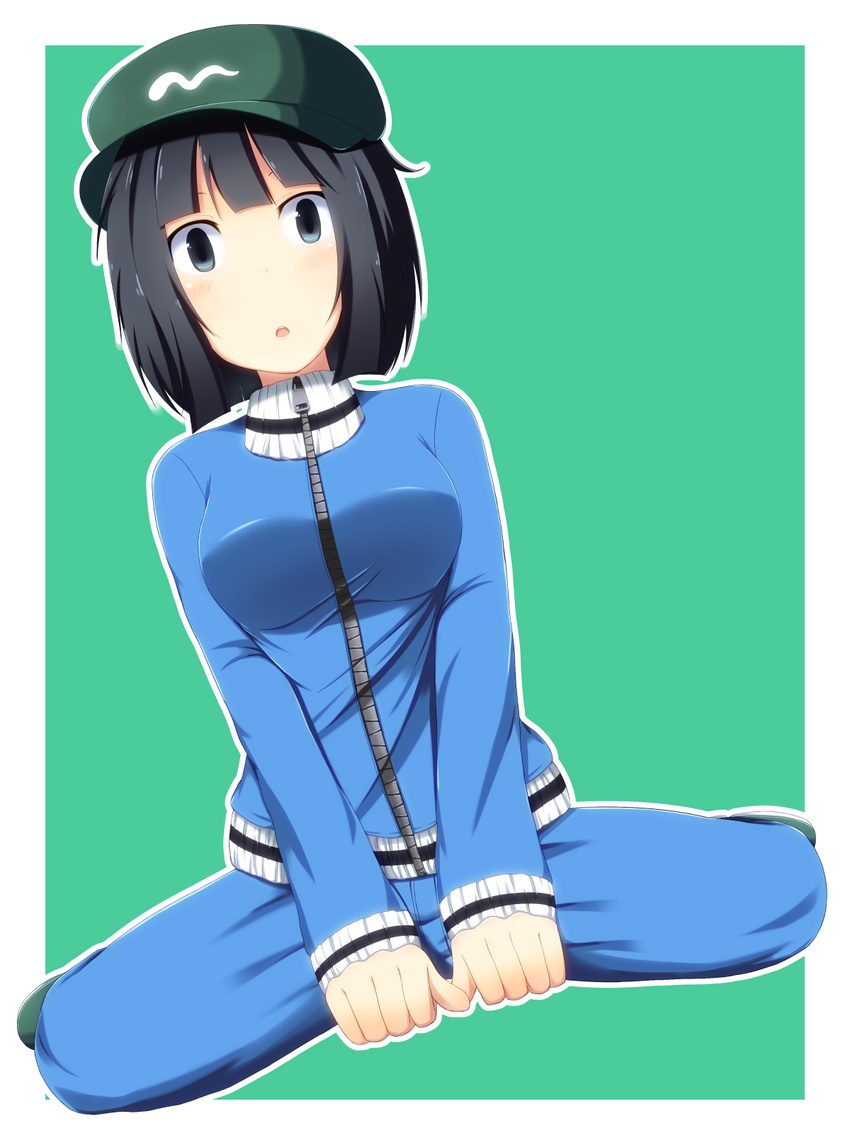 alternate_costume black_eyes black_hair commentary_request dark_haired_kappa female hat highres kappa_mob_(touhou) kokubun_(akikawaship) looking_at_viewer seiza short_hair sitting solo touhou track_suit