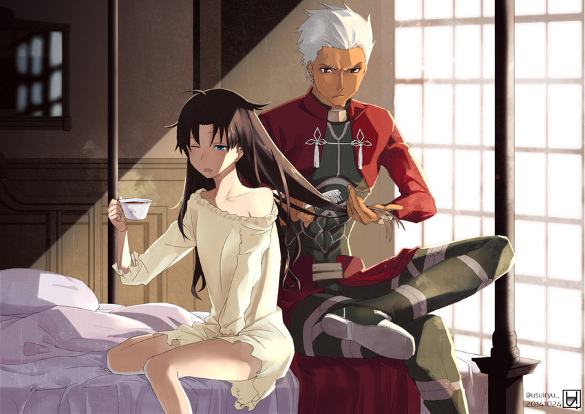 1boy archer_(fate) barefoot bed blue_eyes brown_eyes brown_hair brushing_another's_hair brushing_hair commentary_request cup dark-skinned_male dark_skin drooling fate/stay_night fate_(series) female hair_down long_hair morning teacup tohsaka_rin usui_ryuu white_hair