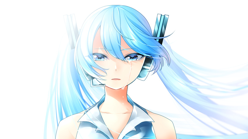 bare_shoulders blue_eyes blue_hair commentary_request crying female hair_between_eyes hatsune_miku headset highres long_hair looking_at_viewer masumofu parted_lips portrait solo tears twintails vocaloid wind