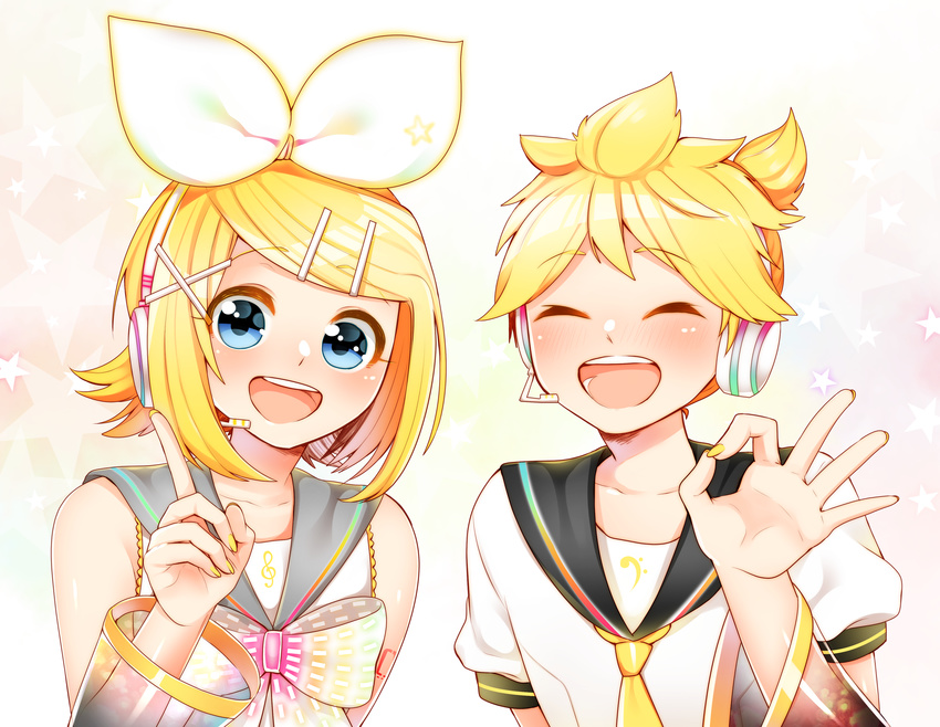 1boy :d absurdres bare_shoulders blonde_hair blue_eyes blush bow brother_and_sister closed_eyes commentary_request detached_sleeves female hair_ornament hairclip headset highres kagamine_len kagamine_rin looking_at_viewer masumofu nail_polish open_mouth puffy_short_sleeves puffy_sleeves sailor_collar see-through short_hair short_sleeves siblings smile twins upper_body vocaloid yellow_nails