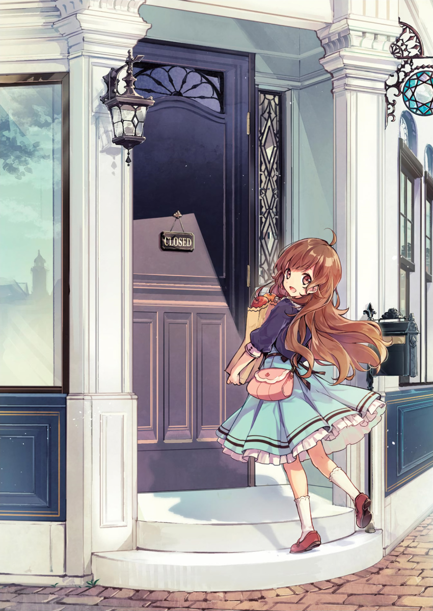 :d ahoge bag blue_skirt brown_eyes brown_hair cover cover_page day door female frilled_skirt frills grocery_bag highres holding housekihaki_no_onnanoko kei_(k_tmr) long_hair looking_at_viewer looking_back novel_cover official_art open_mouth outdoors pleated_skirt purple_shirt red_footwear reflection shirt shoes shopping_bag shoulder_bag sign skirt smile socks standing standing_on_one_leg white_legwear window