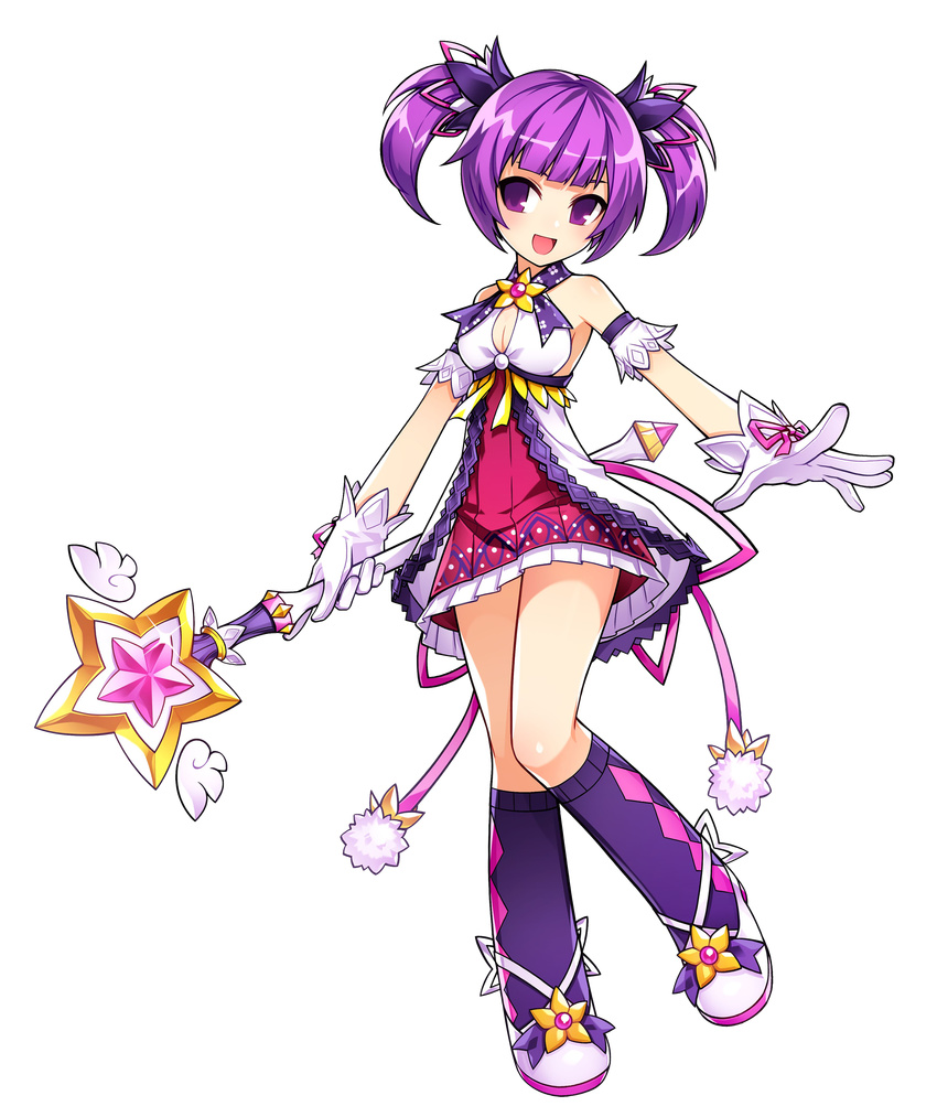 :d absurdres aisha_landar argyle_clothes argyle_legwear battle_magician_(elsword) elsword female full_body gloves highres holding holding_staff kneehighs looking_at_viewer multicolored_clothes multicolored_legwear official_art open_mouth purple_eyes purple_hair purple_skirt purple_socks ress shoes short_hair skirt smile socks solo staff star_wand tachi-e transparent_background twintails white_footwear white_gloves