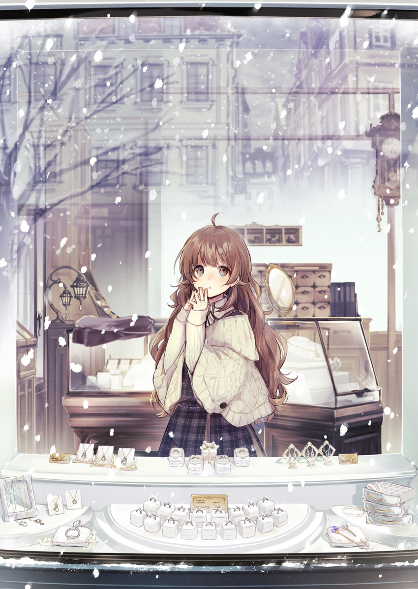 bead_necklace beads box brown_eyes brown_hair building clock commentary_request cover cover_page display_case dress earrings female gift gift_box hair_ornament hair_stick highres housekihaki_no_onnanoko jewelry jewelry_box kei_(k_tmr) long_hair long_sleeves mirror neck_ribbon necklace novel_cover official_art own_hands_together pendulum_clock plaid plaid_dress reflection ribbon ring shawl shop sleeves_past_wrists snowing solo sparkle storefront tree wall_clock wavy_hair window winter