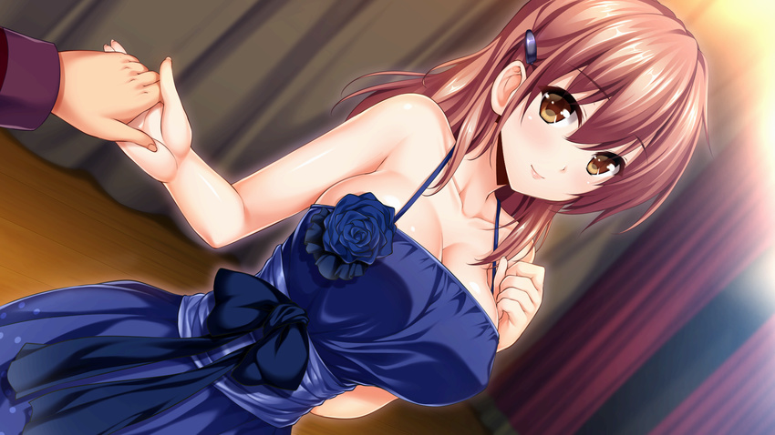 1boy blue_dress blue_flower blue_rose blush bow breasts brown_eyes brown_hair cleavage collarbone dress female flower game_cg goban hair_between_eyes hair_ornament hairclip highres holding_hands large_breasts looking_at_viewer lovedori_halation out_of_frame rose shounai_miharu smile solo_focus spaghetti_strap