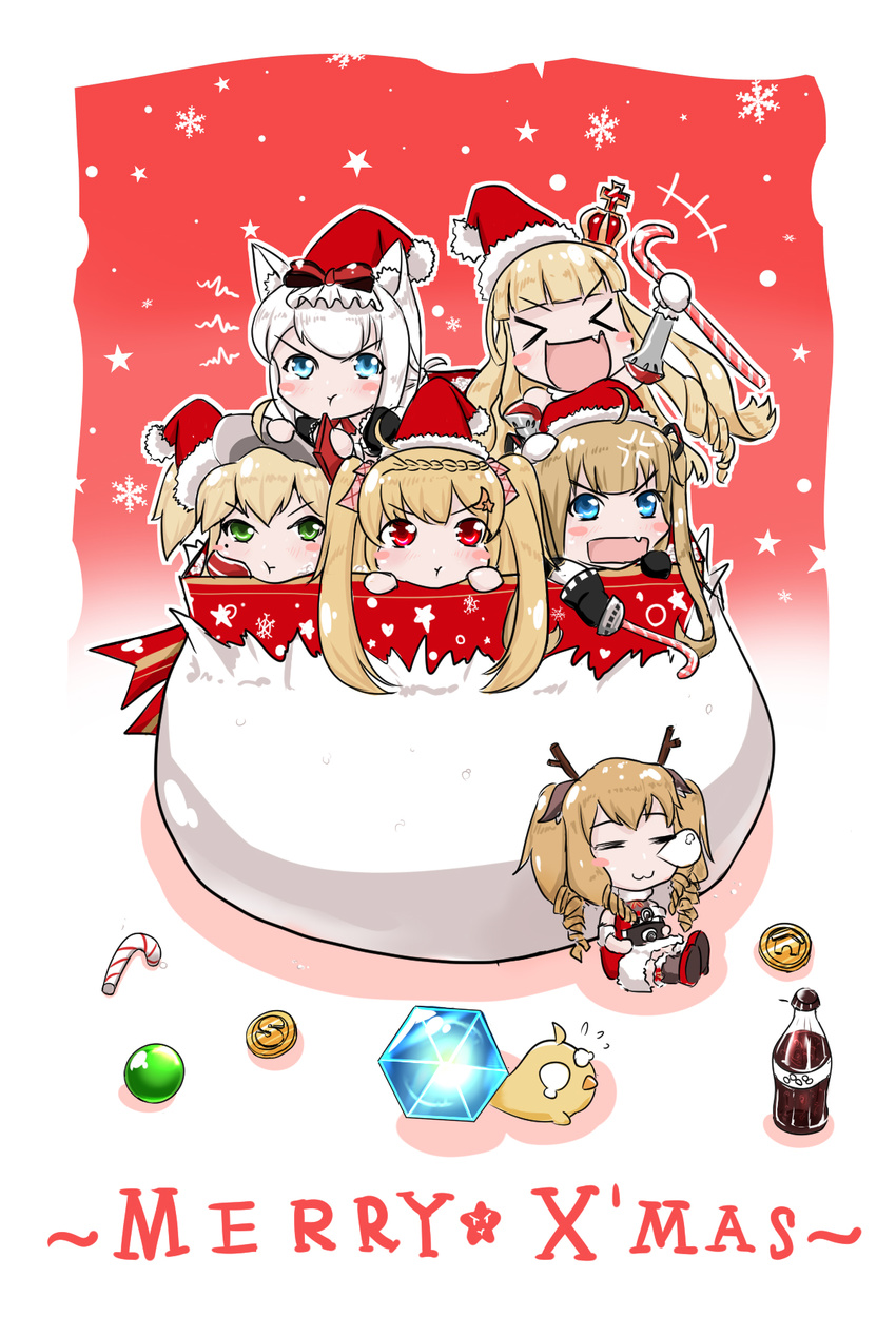 >_< 6+girls :d :t =_= admiral_hipper_(azur_lane) amazon_(azur_lane) animal_ears antlers arm_up azur_lane black_gloves blonde_hair blue_eyes blunt_bangs box braid camera candy candy_cane cat_ears chibi christmas closed_eyes closed_mouth coin commentary_request crescent crescent_(azur_lane) crescent_hair_ornament crown deer_ears dress flying_sweatdrops food fur-trimmed_dress fur-trimmed_headwear fur_trim gift gift_box glass_bottle gloves green_eyes gridley_(azur_lane) gridley_(christmas_photoshoot)_(azur_lane) hair_ornament hair_ribbon hammann_(azur_lane) hat highres holding holding_camera holding_candy holding_candy_cane holding_food horns in_box in_container long_hair looking_at_viewer merry_christmas mini_crown multiple_girls oerba_yun_fang open_mouth p_ion photoshop_(medium) pink_ribbon pout puffy_short_sleeves puffy_sleeves queen_elizabeth_(azur_lane) red_dress red_eyes red_hat reindeer_antlers ribbon ringlets santa_costume santa_hat short_sleeves sitting smile snowflakes star_(symbol) star_hair_ornament twintails v-shaped_eyebrows very_long_hair white_hair xd