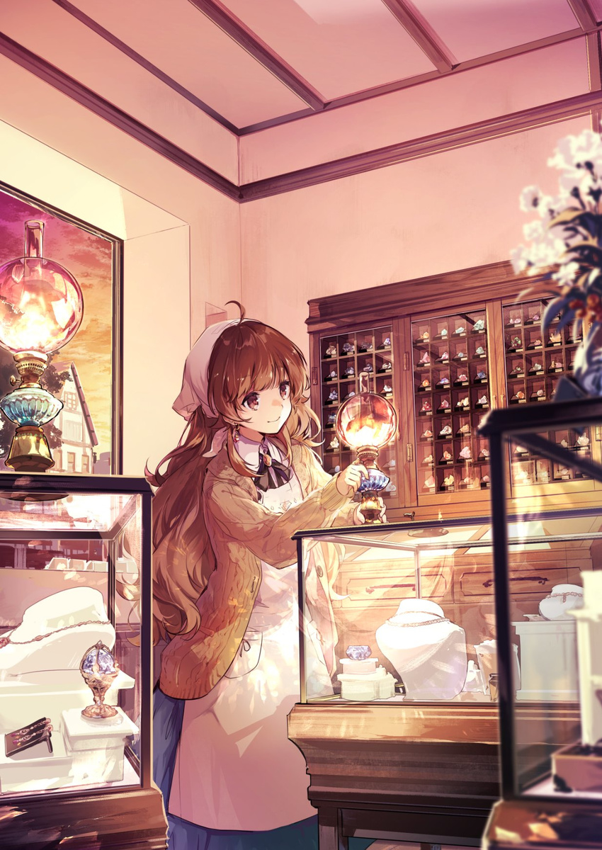 ahoge apron bad_link blue_skirt blurry brown_eyes brown_hair cabinet cardigan cover cover_page depth_of_field display_case drawing_(object) earrings female flower head_scarf highres housekihaki_no_onnanoko indoors jewelry kei_(k_tmr) kerosene_lamp long_hair long_skirt long_sleeves looking_away neck_ribbon necklace novel_cover official_art open_cardigan open_clothes ribbon shop skirt smile solo standing unworn_jewelry unworn_necklace wing_collar