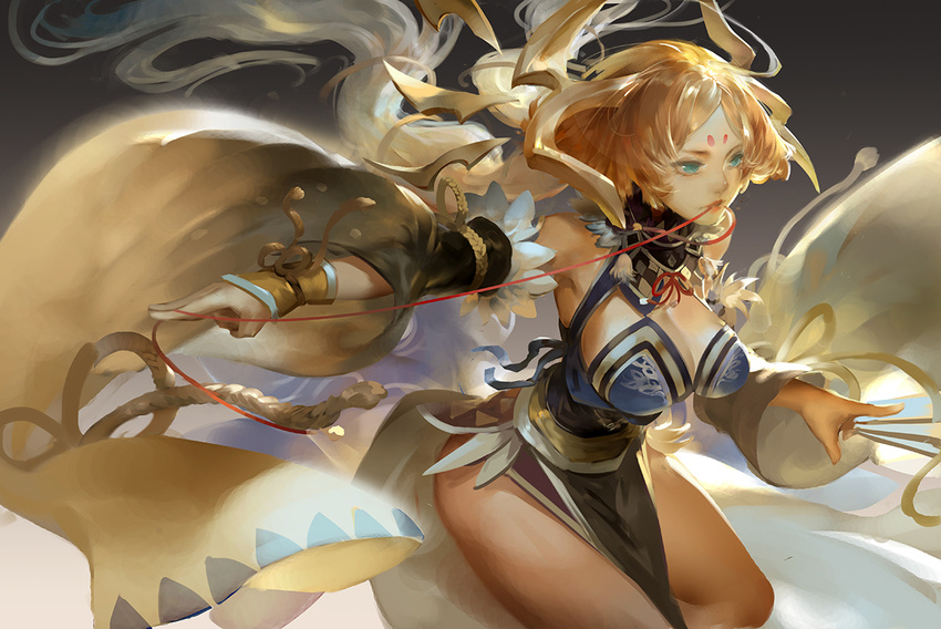 bare_shoulders blonde_hair blue_eyes breasts commentary detached_sleeves facial_mark feather_trim female forehead_mark gloves green_eyes horns japanese_clothes kanna_(p&d) large_breasts lips photoshop_(medium) puzzle_&_dragons short_hair solo string_in_mouth thread wide_sleeves youshun_(naturaljuice)