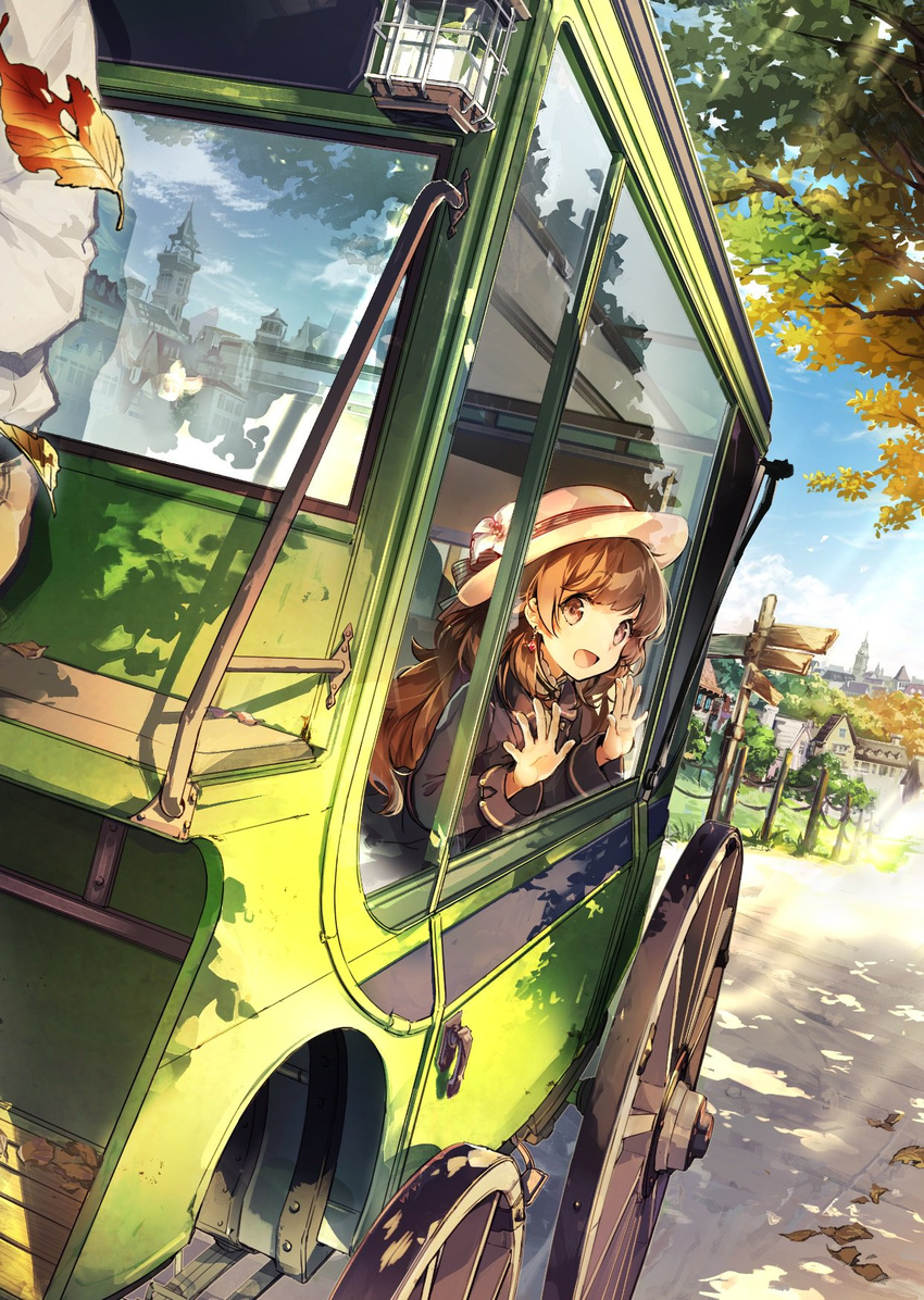 :d against_glass autumn_leaves brown_eyes brown_hair carriage commentary_request cover cover_page day earrings falling_leaves female hat highres housekihaki_no_onnanoko jewelry kei_(k_tmr) leaf looking_outside novel_cover official_art open_mouth outdoors road road_sign sign smile solo_focus town window