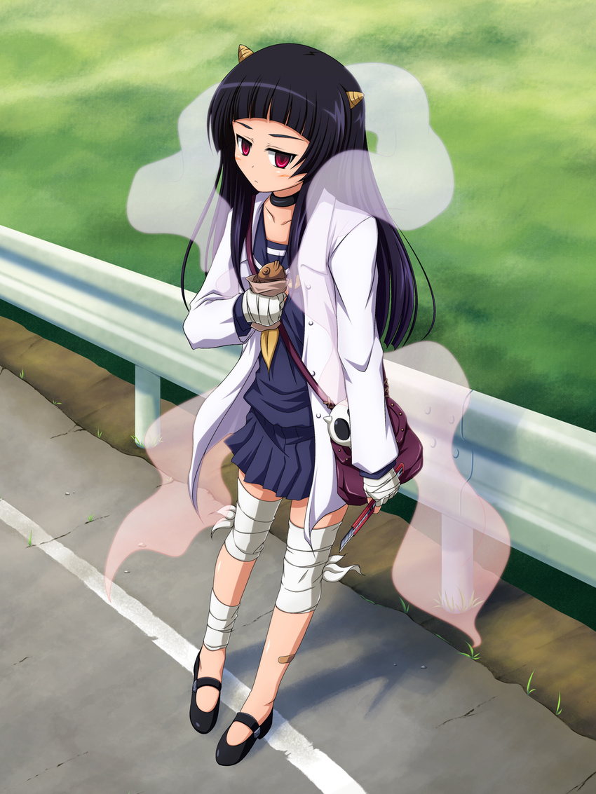 bad_id bad_pixiv_id black_hair boxcutter female highres horns ishida_seito kami_nomi_zo_shiru_sekai long_hair lune_(kaminomi) photoshop_(medium) red_eyes school_uniform serafuku skirt solo