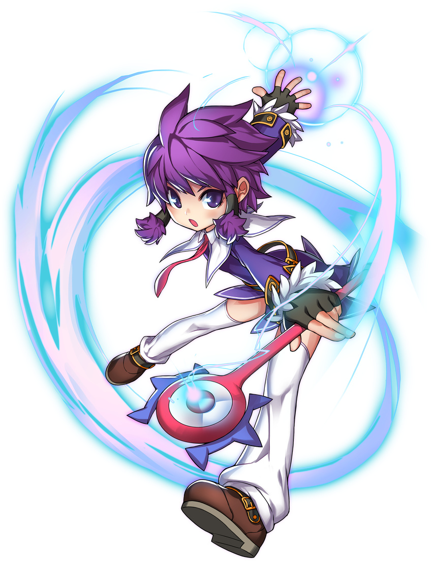 :o absurdres aisha_landar belt brown_footwear dress elsword female fingerless_gloves full_body gloves hair_tubes highres holding holding_wand looking_at_viewer magic magician_(elsword) necktie official_art open_mouth purple_dress purple_eyes purple_hair red_necktie ress shoes short_hair solo thighhighs transparent_background wand white_thighhighs zettai_ryouiki