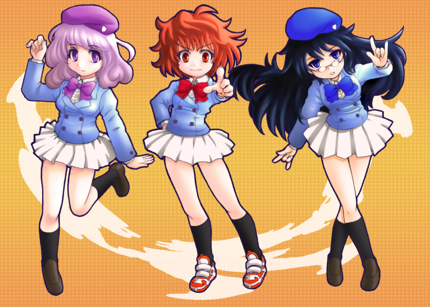 3girls \m/ akashi_kaoru b.a.b.e.l._uniform beret black_hair blue_eyes bow commentary_request crossed_legs ebi_tendon glasses hat kneehighs leg_lift light_purple_hair long_hair multiple_girls nogami_aoi photoshop_(medium) pointing purple_eyes red_eyes red_hair sannomiya_shiho school_uniform shoes short_hair skirt smile sneakers socks standing the_children watson_cross zettai_karen_children