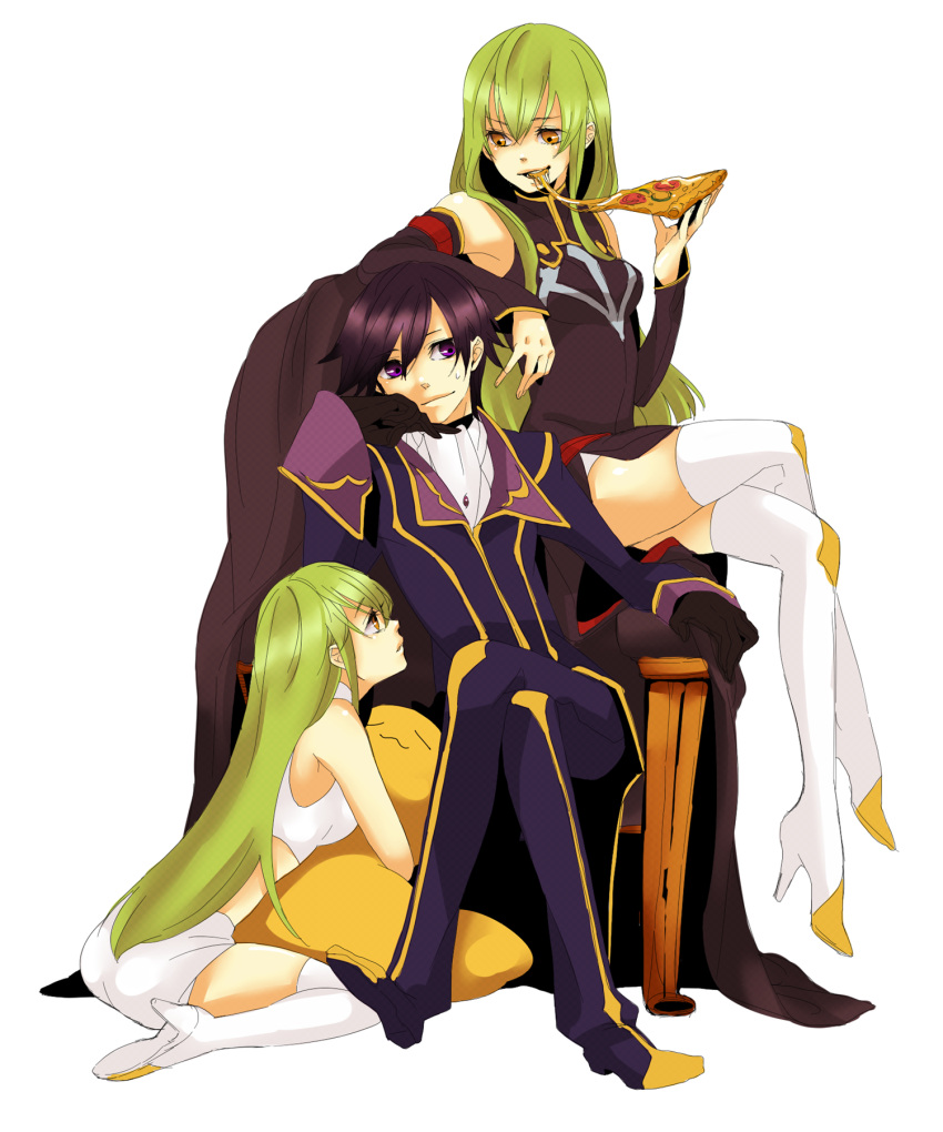 1boy 2girls bad_id bad_pixiv_id boots brown_eyes c.c. cheese-kun code_geass crossed_legs detached_sleeves dual_persona eating food green_hair high_heels highres holding holding_food holding_pizza kneeling lelouch_vi_britannia long_hair multiple_girls pizza pizza_hut purple_eyes shoes sitting thigh_boots thighhighs throne time_paradox todoroki_sora