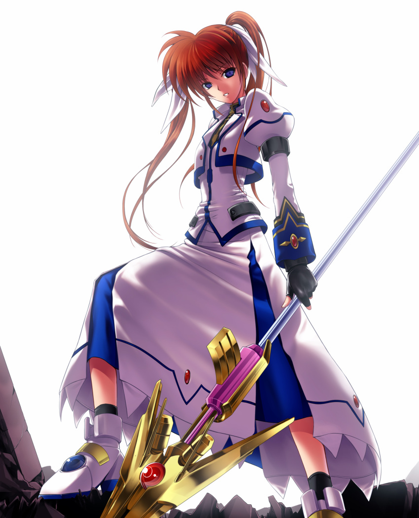 40010prototype boots female fingerless_gloves gloves highres jacket left-handed long_hair lyrical_nanoha magazine_(weapon) magical_girl mahou_shoujo_lyrical_nanoha mahou_shoujo_lyrical_nanoha_a's mahou_shoujo_lyrical_nanoha_strikers open_clothes open_jacket photoshop_(medium) purple_eyes raising_heart raising_heart_(exelion_mode) red_hair skirt solo takamachi_nanoha takamachi_nanoha_(exceed_mode) twintails white_devil