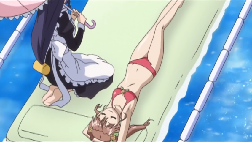 2girls anime_screenshot apron armpits arms_up barefoot bikini breasts brown_hair closed_eyes from_above hair_ornament inflatable_raft kneeling lane_line long_hair lowleg lowleg_bikini lying maid multiple_girls nanashiro_nanami nogizaka_haruka_no_himitsu nogizaka_mika on_back parasol pool red_bikini small_breasts swimsuit umbrella