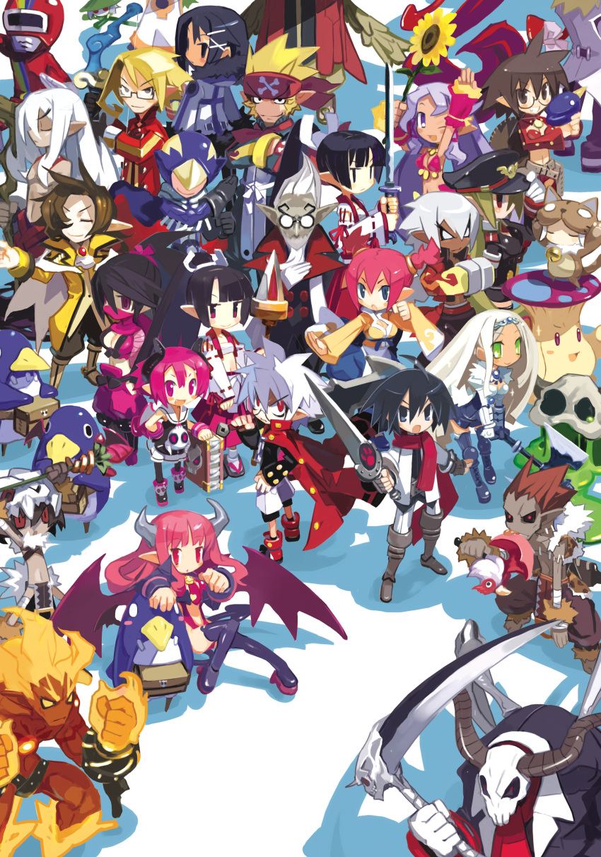 6+boys 6+girls absurdres akutare_(disgaea) almaz_von_almadine_adamant archer_(disgaea) asagiri_asagi asuka_cranekick aurum_(disgaea) berserker_(disgaea) cheerleader_(disgaea) company_connection demon_boy demon_girl disgaea eringya_(marl_kingdom) everyone female_brawler_(disgaea) fire_demon_(disgaea) geoffrey_(disgaea) glasses gunslinger_(disgaea) harada_takehito highres holding holding_scythe horns kyoko_needleworker makai_senki_disgaea_3 male_brawler_(disgaea) male_focus male_healer_(disgaea) mao_(disgaea) marl_kingdom marona_(phantom_brave) masked_hero_(disgaea) master_big_star mr._champloo multiple_boys multiple_girls nippon_ichi official_art open_mouth phantom_brave photoshop_(medium) pink_wrist_cuffs prinny prism_red ranger_(disgaea) raspberyl reaper_(disgaea) red_eyes ronin_(disgaea) saber_kitty_(disgaea) sailor_collar salvatore_(disgaea) sapphire_rhodonite scan scythe shaman_(disgaea) slime_(disgaea) smile succubus_(disgaea) white_sailor_collar wrist_cuffs