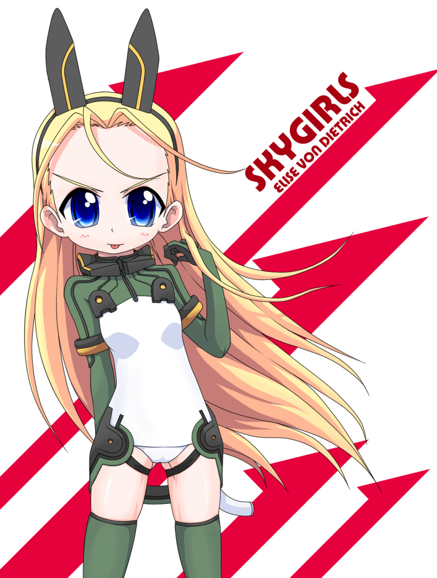 :p adjusting_hair animal_ears antenna_hair arm_behind_back blonde_hair blue_eyes blush breasts character_name commentary_request copyright_name cowboy_shot elise_von_dietrich fake_animal_ears female gloves green_gloves green_thighhighs groin_tendon hairband headgear highres k10k leotard long_hair looking_at_viewer motion_slit pilot_suit sky_girls small_breasts solo thighhighs tongue tongue_out v-shaped_eyebrows very_long_hair white_leotard