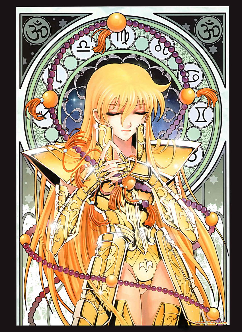 armor beads blonde_hair cancer_(symbol) closed_eyes elbow_gloves facial_mark female fingerless_gloves forehead_mark future_studio_(artist) gemini_(symbol) genderswap_(mtf) gloves gold_armor gold_saint highres hindi_text leo_(symbol) libra_(symbol) long_hair mu_fengchun own_hands_clasped own_hands_together prayer_beads rule_63 sagittarius_(symbol) saint_seiya scorpio_(symbol) shiny solo taurus_(symbol) very_long_hair virgo_(symbol) virgo_(zodiac) virgo_shaka watermark zodiac zodiac_wheel