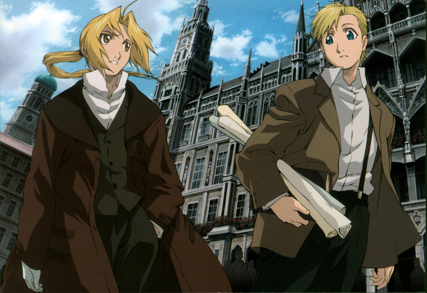 2boys ahoge alphonse_heiderich blonde_hair blue_eyes building city cloud coat conqueror_of_shambala day dress_shirt edward_elric fullmetal_alchemist gloves hand_in_pocket highres itou_yoshiyuki long_hair male_focus multiple_boys official_art open_clothes open_coat outdoors pants photoshop_(medium) ponytail scan scroll shirt sky suspenders trench_coat walking yellow_eyes