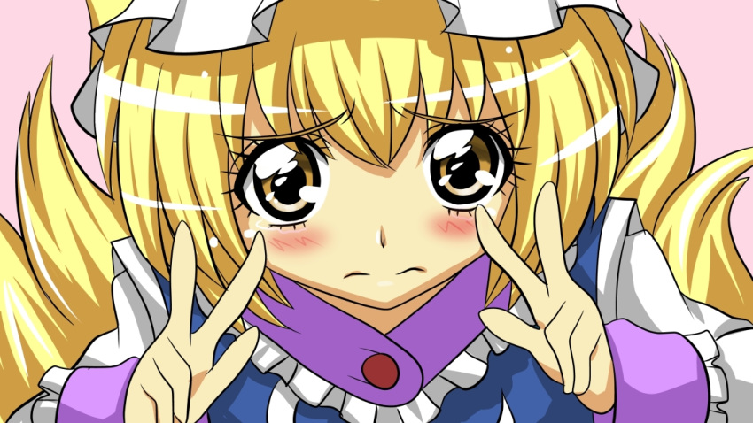 3: anago_nia arms_up blonde_hair blush commentary_request derivative_work double_v eyelashes female fox_tail hat kawamura_toshie_(style) let's_go!_smile_precure!_(song) multiple_tails parody precure screenshot_redraw short_hair smile_precure solo tabard tail tears touhou upper_body v victory_pose white_hat yakumo_ran yellow_eyes