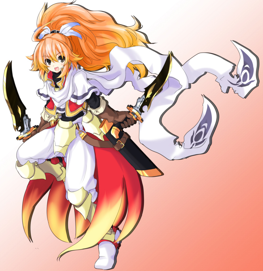 bad_id bad_pixiv_id black_eyes colorized commentary_request dual_wielding female fiana_else gradient_background highres holding long_hair looking_at_viewer open_mouth orange_hair pixiv_fantasia pixiv_fantasia_5 smile solo sword weapon yu-ves