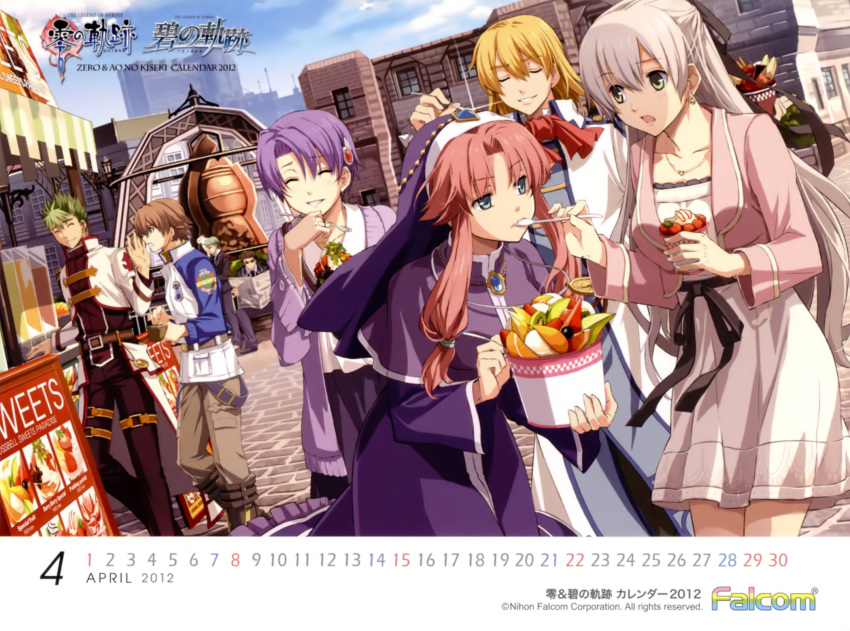 2012 3girls 4boys ao_no_kiseki april belt blonde_hair brown_hair calendar_(medium) coat company_name copyright_name dress eiyuu_densetsu elie_macdowell feeding food fruit green_hair group_picture habit hair_ornament hairband hairpin half_updo highres julia_schwarz kevin_graham kloe_rinz lloyd_bannings long_hair mueller_vander multiple_boys multiple_girls nun official_art olivert_reise_arnor orange_(fruit) pants parfait purple_hair red_hair ries_argent short_hair sidelocks skirt sora_no_kiseki strawberry veil white_dress white_hair zero_no_kiseki