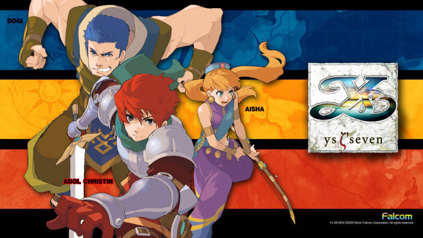 2boys adol_christin aisha_sari_edonas armlet armor artist_request blue_eyes blue_hair character_name company_name copyright_name dogi_(ys) female gloves green_eyes grey_eyes grin hat highres long_hair multiple_boys official_art official_wallpaper orange_hair pants red_hair scarf serious smile sword twintails weapon ys ys_seven