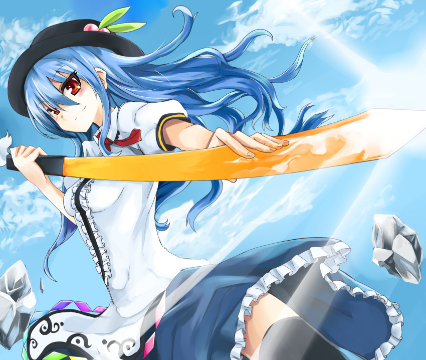 black_thighhighs blue_hair commentary_request day female frills from_below hat highres hinanawi_tenshi lens_flare long_hair red_eyes rock sky smile solo sword sword_of_hisou thighhighs touhou weapon yoshizawa_tsubaki