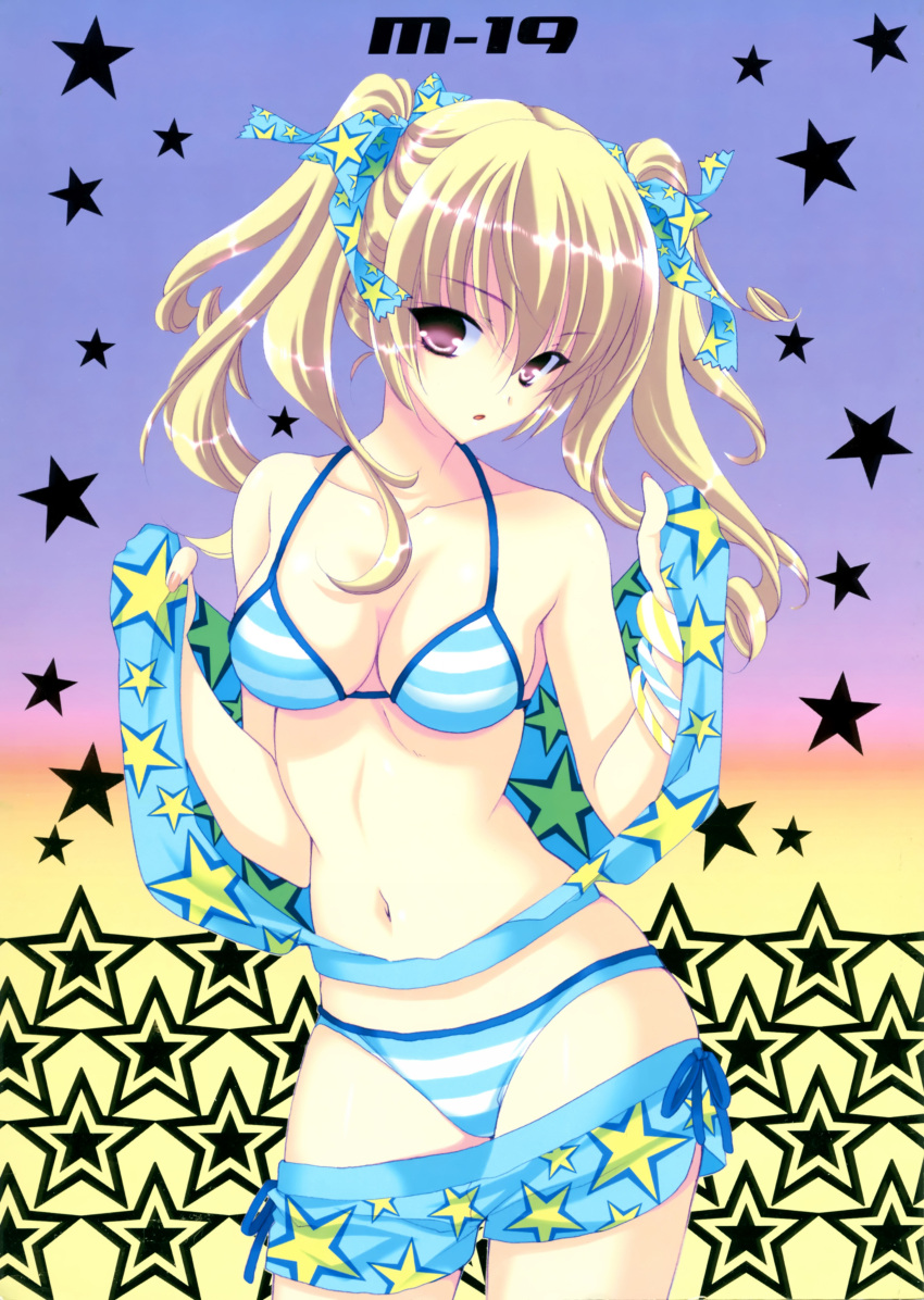 :o absurdres bare_shoulders bikini blonde_hair blue_bikini blue_shorts bracelet breasts cleavage clothes_pull female hair_ribbon halterneck highres jewelry mario_kaneda medium_breasts navel original purple_eyes ribbon short_shorts shorts shorts_pull solo star_(symbol) star_print striped_bikini striped_clothes swimsuit twintails