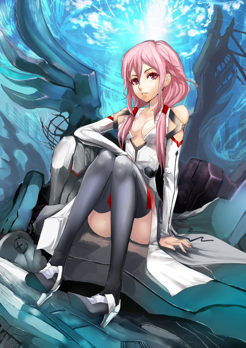 bare_shoulders black_thighhighs boots breasts cleavage commentary_request detached_sleeves female guilty_crown high_heels highres light low_twintails medium_breasts pink_eyes pink_hair realmbw shoes sitting solo thigh_boots thighhighs twintails yuzuriha_inori