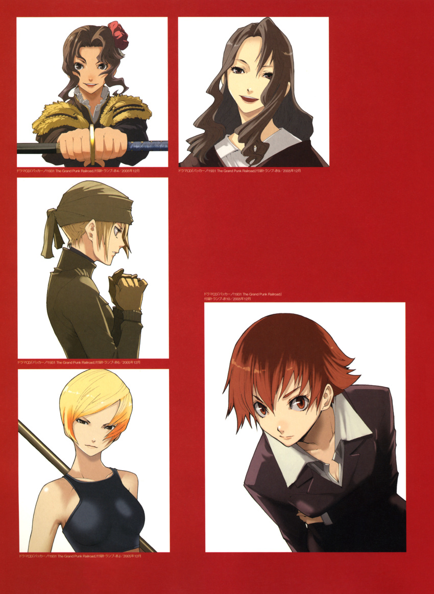 5girls absurdres adele_(baccano!) baccano! bandana bare_shoulders blonde_hair bob_cut brown_eyes coat edith_(baccano!) enami_katsumi ennis flower formal gloves hair_flower hair_ornament head_tilt highres imageboard_desourced katana long_hair maria_barcelito midriff multiple_girls non-web_source official_art photoshop_(medium) polearm rachel_(baccano!) red_hair scan serious short_hair smile sports_bra suit sword wavy_hair weapon