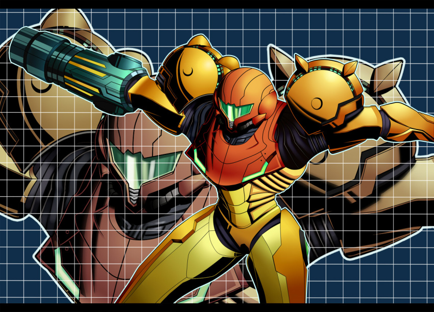 arm_cannon armor assault_visor bad_id bad_pixiv_id corruptroid female green_visor helmet letterboxed metroid power_armor samus_aran science_fiction solo varia_suit weapon zoom_layer