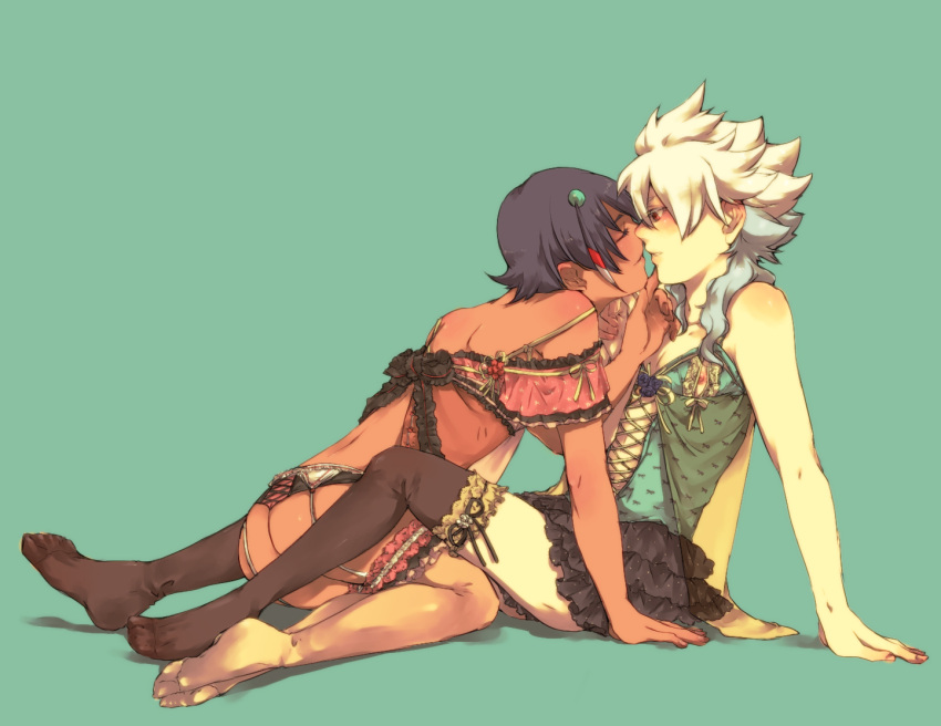 2boys arm_support ass bad_id bad_pixiv_id bare_arms bare_shoulders barefoot black_hair black_skirt black_thighhighs blue_hair blush closed_eyes cross-laced_clothes crossdressing dark-skinned_male dark_skin from_side garter_belt green_background hair_ornament hakuryuu_(inazuma_eleven) hand_on_another's_chin hand_up imminent_kiss inazuma_eleven_(series) inazuma_eleven_go layered_skirt leaning_back leaning_forward looking_at_another male_focus miniskirt multicolored_hair multiple_boys nippleless_clothes nipples otoko_no_ko parted_lips revealing_clothes shiro_(reptil) short_hair shoulder_blush shuu_(inazuma_eleven) simple_background sitting skirt sleeveless strap_slip thighhighs two-tone_hair white_hair yaoi