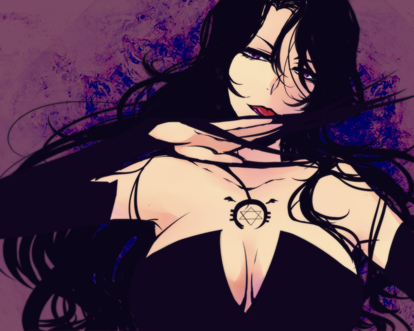 bare_shoulders black_dress black_gloves black_hair breasts cleavage collarbone commentary_request dress elbow_gloves female fingernails fullmetal_alchemist gloves hexagram kouya_(libera) large_breasts licking lipstick long_fingernails long_hair lust_(fma) makeup ouroboros purple_background purple_eyes purple_lips solo tattoo tongue upper_body wavy_hair