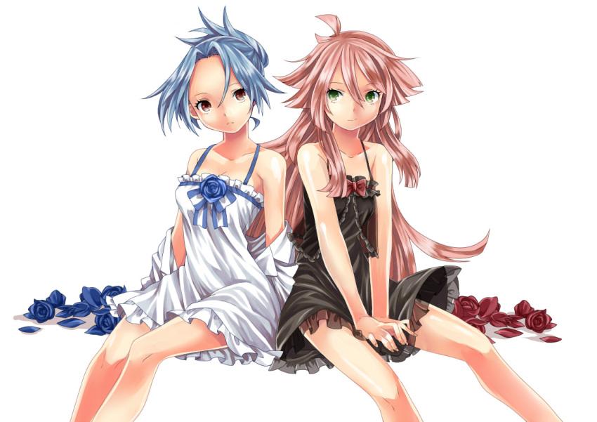 2girls bad_id bad_pixiv_id blue_flower blue_hair blue_rose dress flower go-rock_squad multiple_girls pokemon pokemon_ranger pokemon_ranger_1 red_flower red_hair red_rose rose sitting solana_(pokemon) tiffany_(pokemon) toudou_charo v_arms