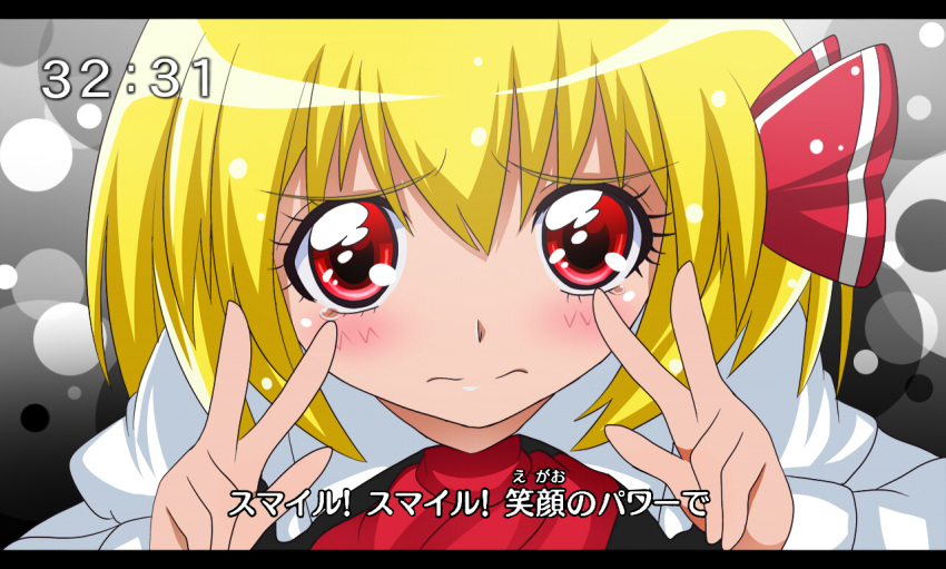 3: arms_up ascot bad_id bad_pixiv_id black_dress blonde_hair blush clock clockshow derivative_work double_v dress eyelashes fake_screenshot female hair_ribbon kawamura_toshie_(style) let's_go!_smile_precure!_(song) letterboxed parody pose precure red_eyes ribbon rumia screenshot_redraw shinekalta shirt short_hair smile_precure solo tears touhou translated upper_body v wavy_mouth