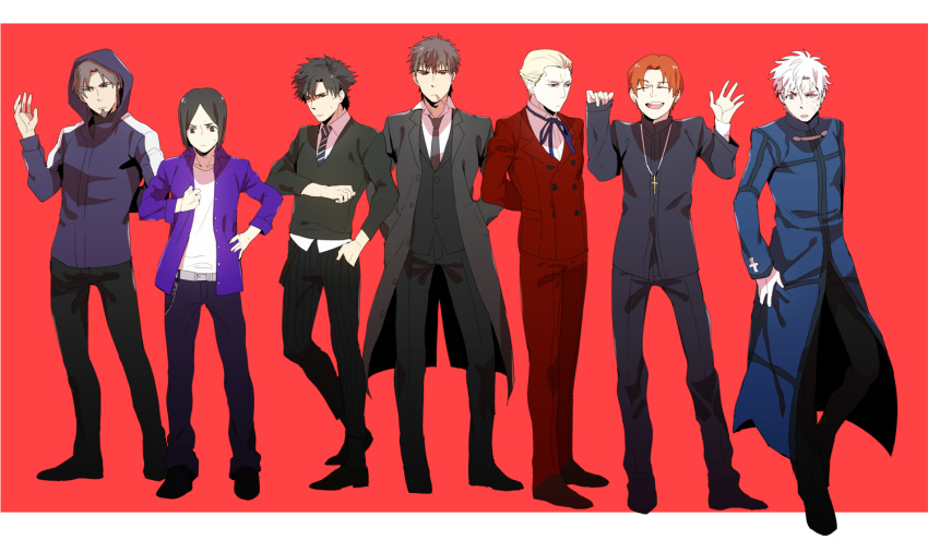 6+boys bad_id bad_pixiv_id black_hair blonde_hair brown_hair cigarette cosplay costume_switch cross cross_necklace emiya_kiritsugu emiya_kiritsugu_(cosplay) facial_hair fate/zero fate_(series) formal gloves goatee hood hoodie jacket jewelry kayneth_el-melloi_archibald kayneth_el-melloi_archibald_(cosplay) kotomine_kirei kotomine_kirei_(cosplay) long_coat male_focus matou_kariya matou_kariya_(cosplay) multiple_boys necklace necktie orange_hair photoshop_(medium) purple_jacket red_background ribbon robe simple_background suit sukumaraku tohsaka_tokiomi tohsaka_tokiomi_(cosplay) uryuu_ryuunosuke uryuu_ryuunosuke_(cosplay) waver_velvet waver_velvet_(cosplay) white_gloves white_hair