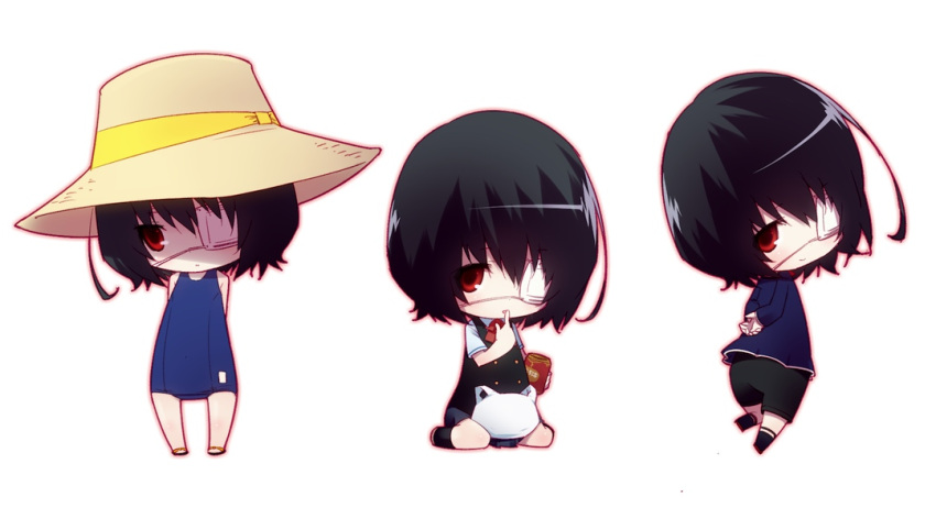 0123456789 another black_hair chibi commentary_request drink eyepatch female food hat kneeling looking_back misaki_mei one-piece_swimsuit red_eyes school_swimsuit school_uniform shorts socks sun_hat swimsuit yomiyama_north_junior_high_school_uniform