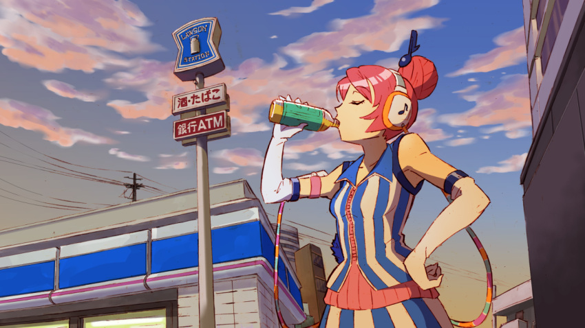 akikoloid-chan closed_eyes cloud commentary_request convenience_store drinking eighth_note elbow_gloves female gloves hair_ornament hand_on_own_hip headphones lawson musical_note musical_note_hair_ornament outdoors pink_hair power_lines shop sky solo susu_(nicoseiga) vocaloid