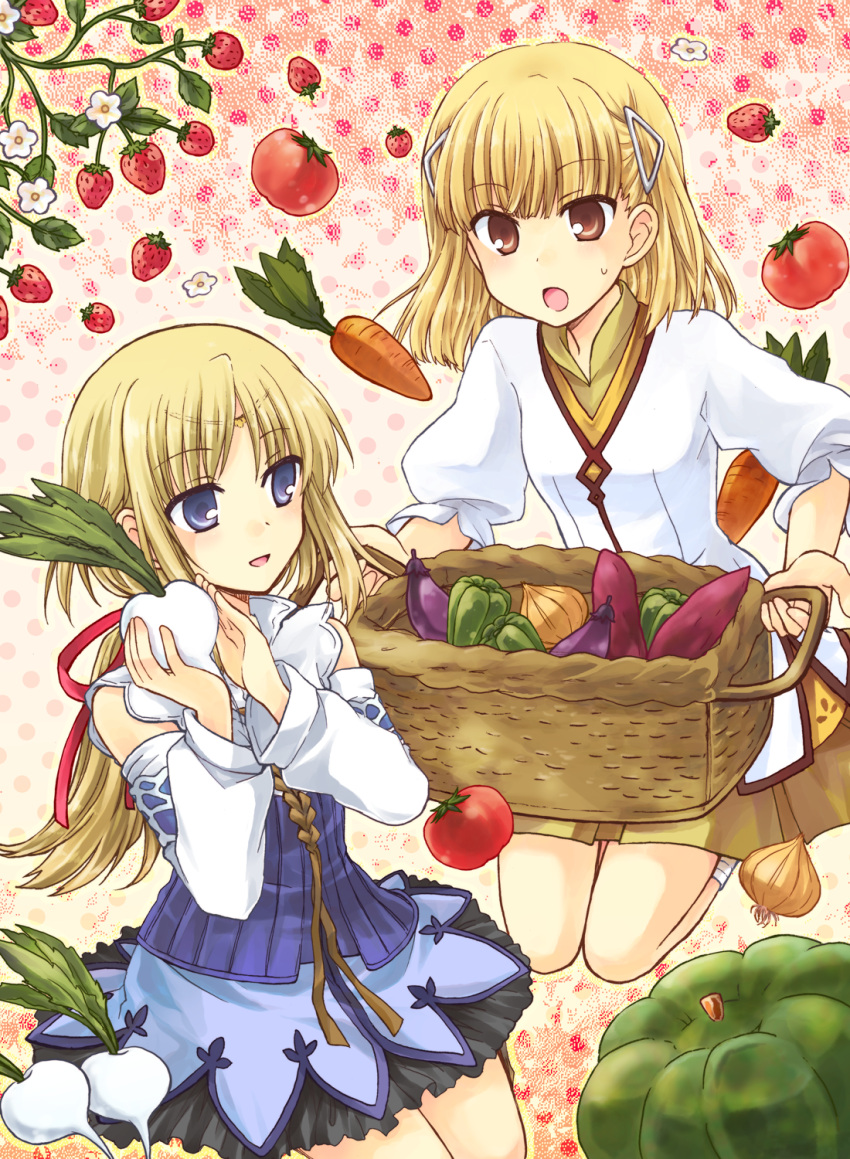 2girls :o basket bell_pepper blonde_hair blue_eyes brown_eyes carrot circlet commentary_request detached_sleeves dress eggplant flower food fruit green_pepper hair_ornament hair_ribbon harvest highres holding holding_basket holding_food holding_vegetable kousetsu long_hair mist_(rune_factory) multiple_girls onion open_mouth pleated_skirt polka_dot polka_dot_background pumpkin ribbon rosetta rune_factory rune_factory_1 rune_factory_frontier seiza sitting skirt strawberry strawberry_blossoms sweatdrop sweet_potato tomato turnip vegetable