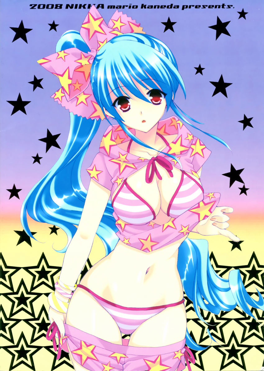 2008 :o absurdres bare_shoulders bikini blue_hair bow bracelet breasts cleavage clothes_pull female fingernails hairbow halterneck highres jewelry long_hair looking_at_viewer mario_kaneda medium_breasts nail_polish navel open_clothes open_shirt original pants pants_pull pink_bikini pulling_own_clothes red_eyes shirt side_ponytail solo star_(symbol) star_print striped_bikini striped_clothes swimsuit thigh_gap very_long_hair