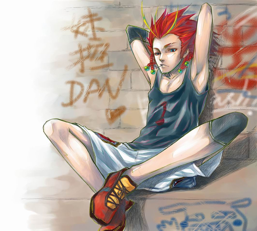 1boy armpits arms_up basketball basketball_uniform basquash! blue_eyes commentary_request dan_jd dreadlocks elbow_pads graffiti knee_pads male_focus mouth_hold red_hair shoes shorts sitting sneakers solo spiked_hair sportswear yaminojiunin