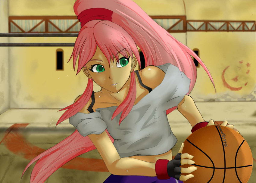 ball bare_shoulders basketball basketball_(object) basquash! commentary_request crop_top erusen_(des-arms) female fingerless_gloves gloves green_eyes photoshop_(medium) pink_hair playing_sports ponytail rouge_(basquash) solo sweat tan