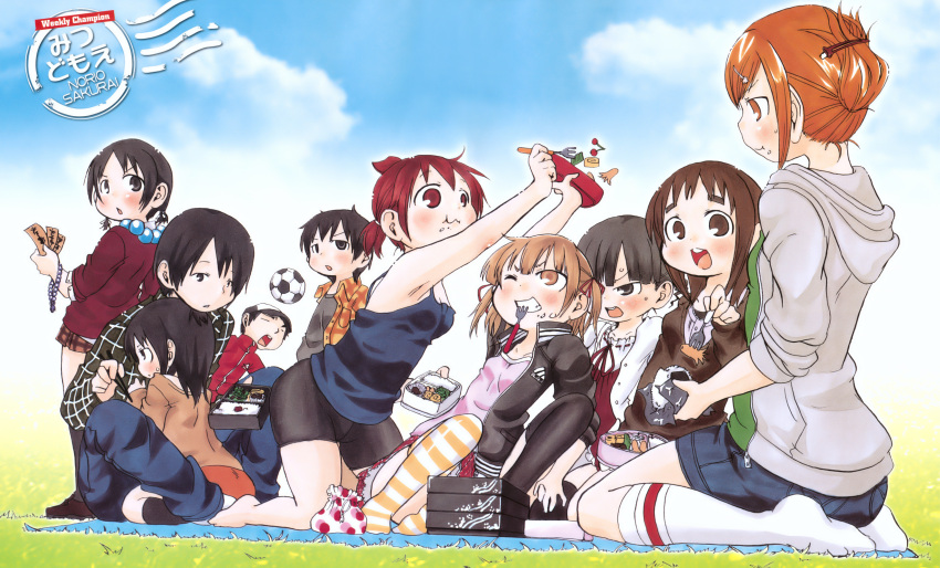 3boys 6+girls ball black_eyes black_hair blue_eyes blush brown_eyes brown_hair chiba_yuudai denim denim_skirt drill_hair folded_ponytail green_eyes hair_bobbles hair_bun hair_ornament hair_ribbon highres hood hoodie jacket lunch marui_futaba marui_hitoha marui_mitsuba matsuoka_sakiko mitsudomoe_(manga) miyashita multiple_boys multiple_girls multiple_tails official_art one_eye_closed open_mouth orange_eyes pleated_skirt ponytail ribbon sakurai_norio satou_shin'ya school_uniform short_twintails shorts single_hair_bun skirt sleeves_pushed_up smile soccer_ball socks sugisaki_miku tail telstar thighhighs tri_tails twin_drills twintails yabe_satoshi yoshioka_yuki zettai_ryouiki